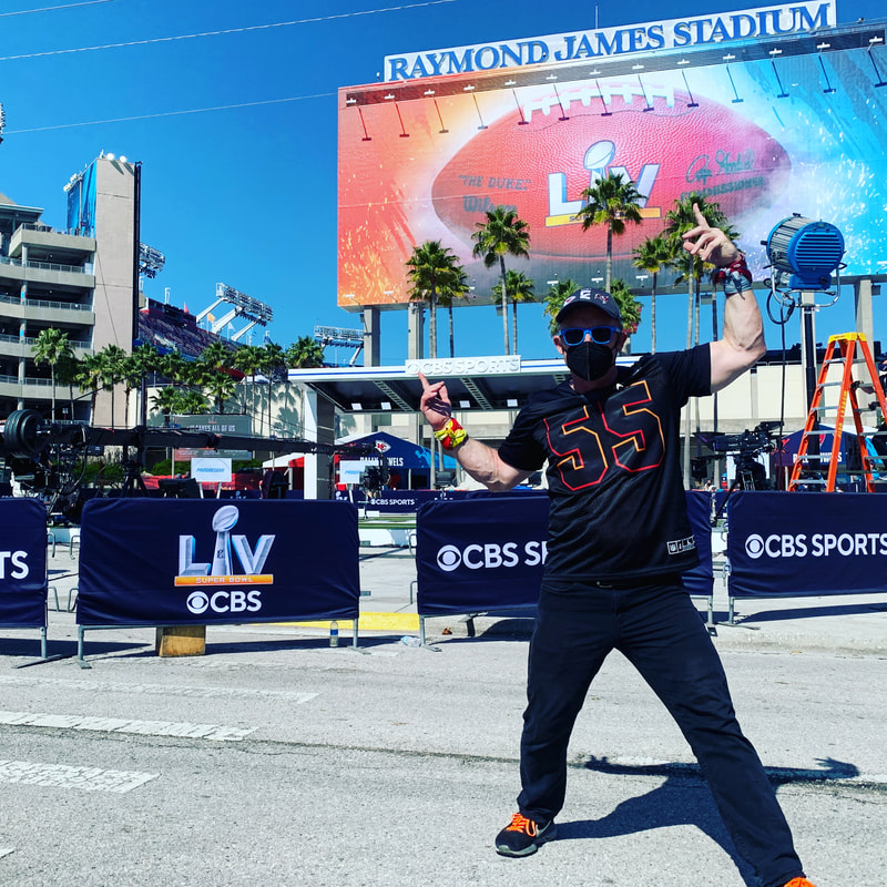 Main Stage Host in front of Raymond James Stadium for Super Bowl 55 in Tampa, Florida